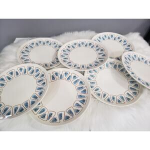 RARE 1950s Vintage Royal‎ China Dinner Plates Atomic MCM blue brown SET OF 7 lot